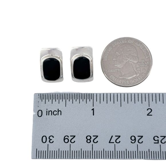 Vintage Sterling Silver 925 Black Enamel Rectangular Earrings - Picture 6 of 7